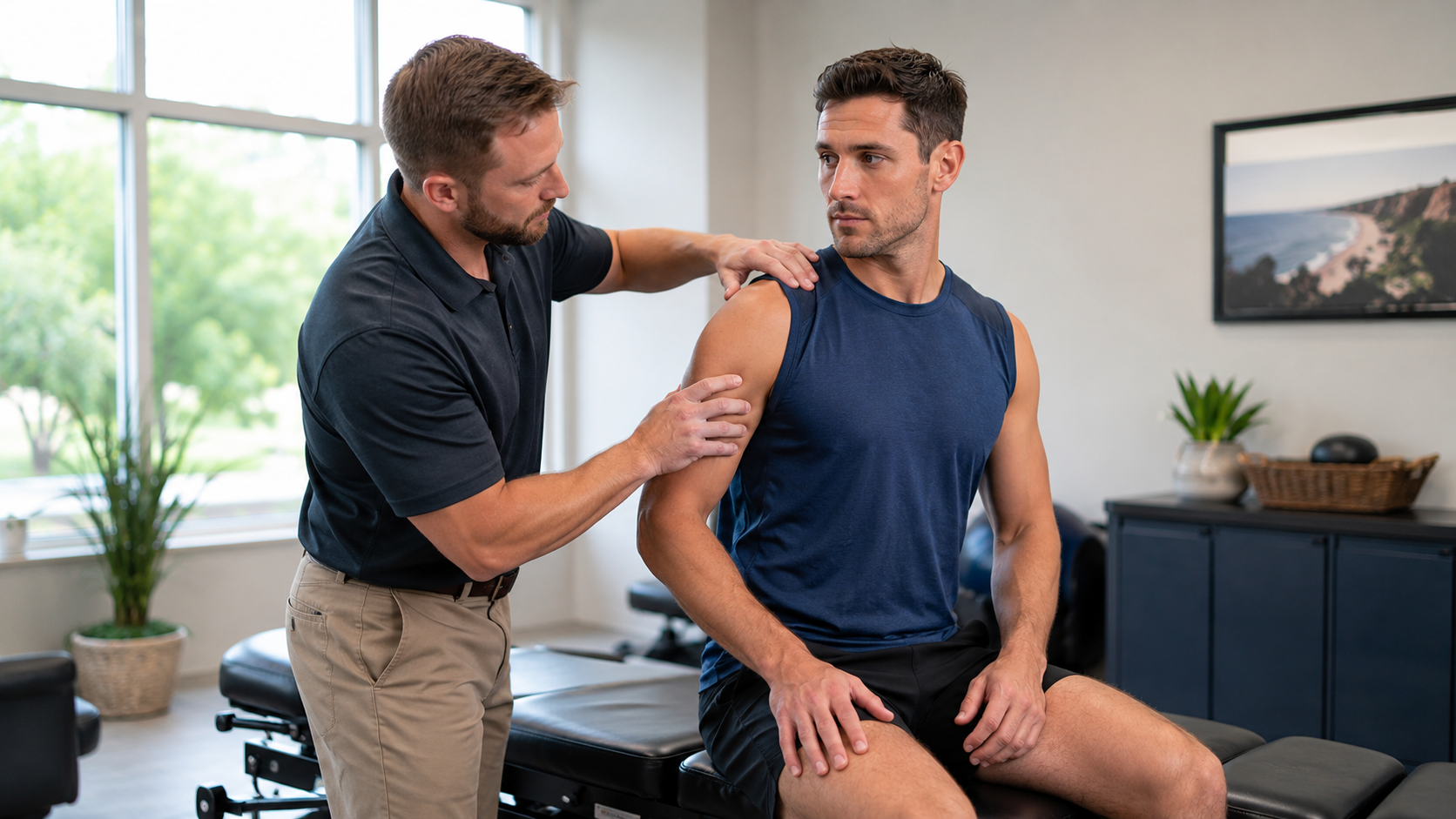 athlete holding knee after sports injury in chiropractic clinic waiting area with calm professional setting
