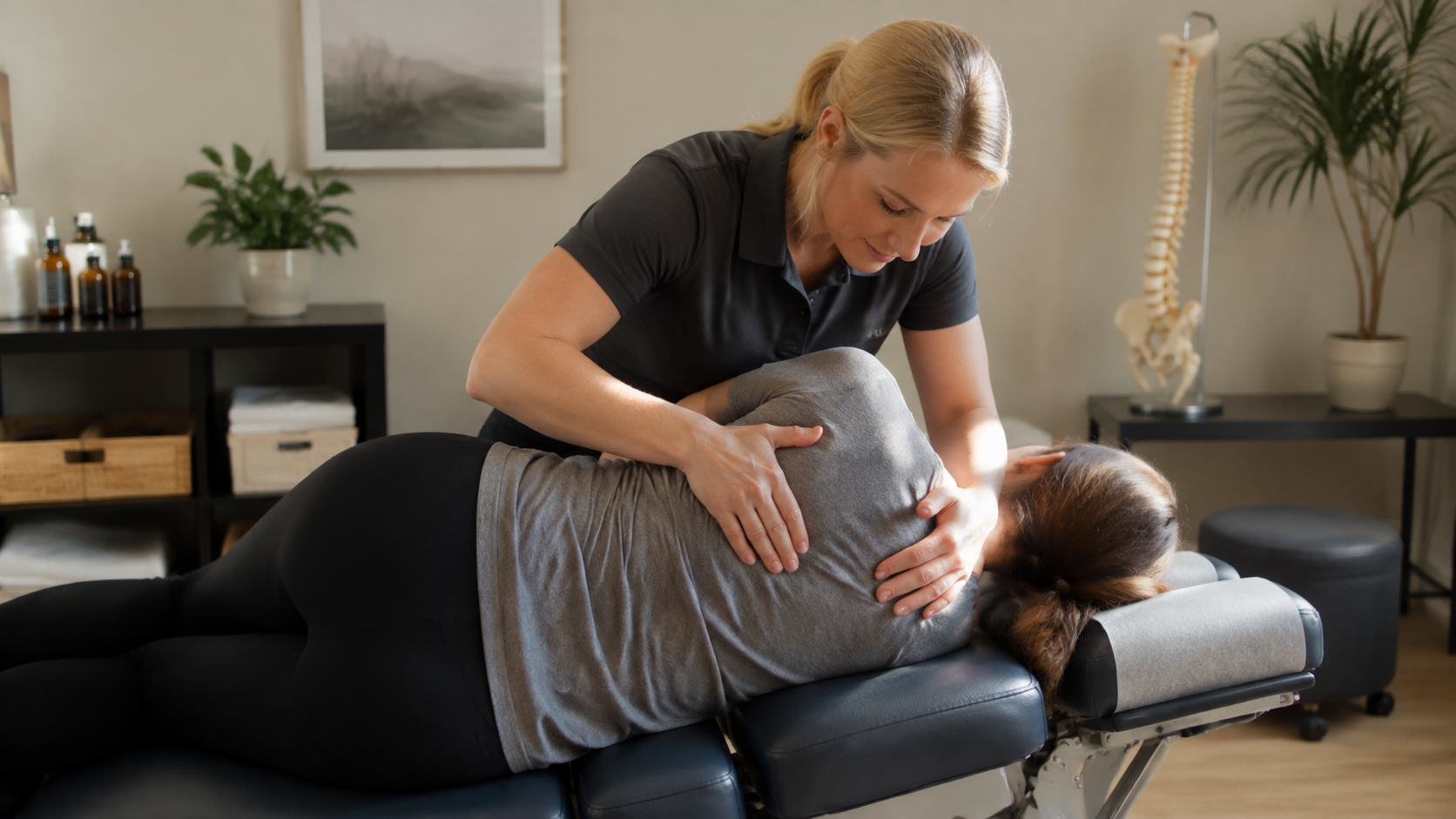 chiropractor providing spinal adjustment to a patient in a bright treatment room with professional care