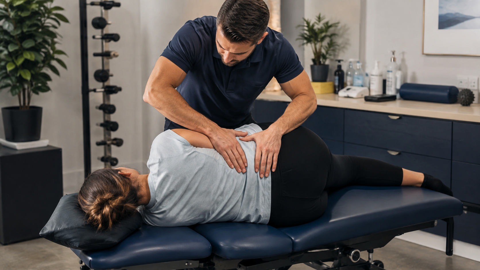 chiropractor providing spinal adjustment to a patient on a treatment table in a professional wellness clinic